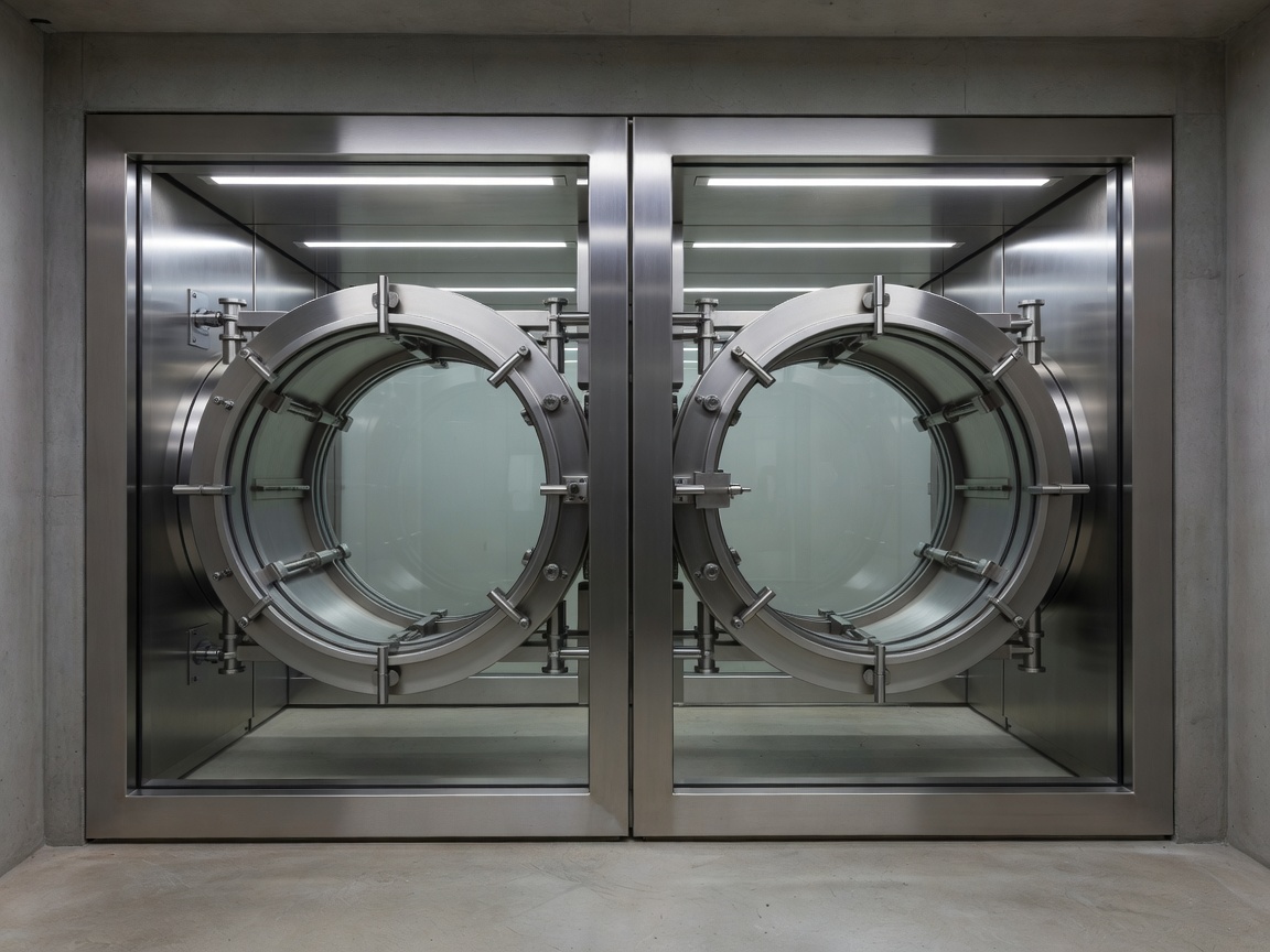 Document and Bullion Interlocking Airlock Pass-Through showcasing modern secure steel and glass pressure boundaries
